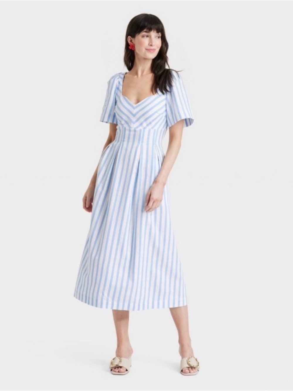 a new day Blue + White Striped Midi Dress w/ Sweetheart Neck linen w/ pockets